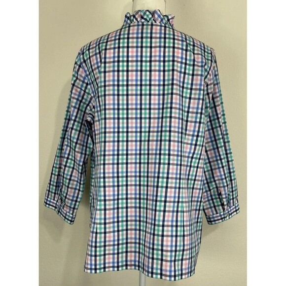 Talbots Petite No Iron Multi Color Ruffle-Neck Popover Gingham Tunic Size 16P - Picture 3 of 13